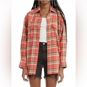 Levi's Women's Dylan Relaxed Western Top Orange Plaid Flannel Shirt Sz S NWT